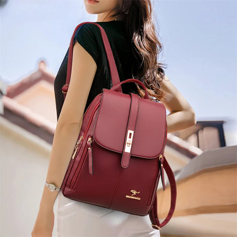 Danoz Fashion Luxury Women Leather Backpacks Girls Sac A Dos Casual Daypack Black Vintage Backpack School Bags Burgundy