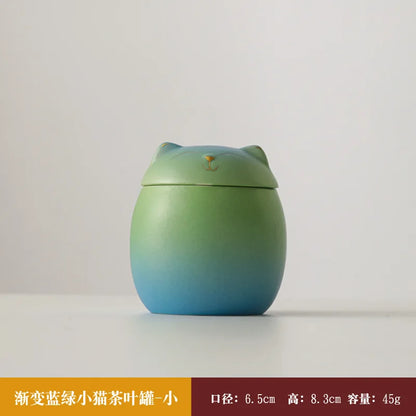 Fortune Cat Tea Canister Handmade Ceramic Gradient Color Tea Canister Sealing Jar Home Moisture Small Tea Warehouse