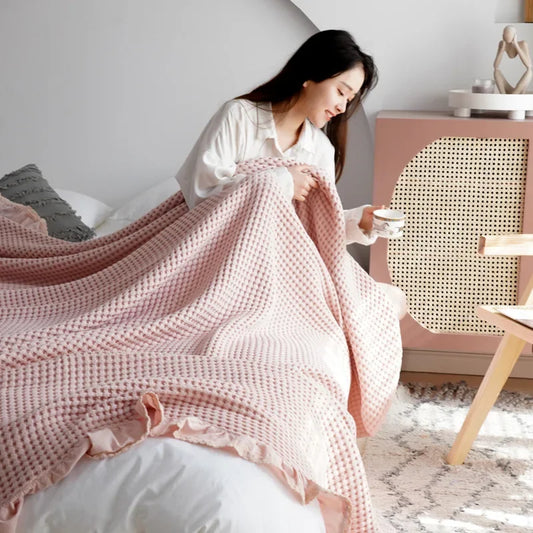 100% puuvillapehmeä sängy ruudullinen kodin japenilainen neulottu viltti maissijyvävohveli kohokuvioitu kesäruffles lämpimät ruudullinen heittovuode levinnyt