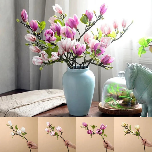 Kunstige blomster Simulering Magnolia Branch til hjemmet Stue Decoration Silke Flower Bouquet Bord Wedding Party Decor