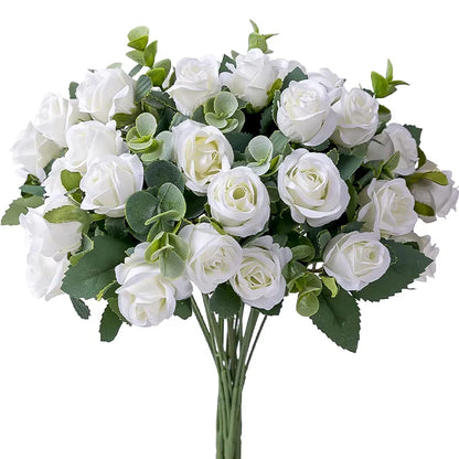 10 cabeças de flor artificial seda rosa branca eucalipto folhas peony bouquet flor falsa para mesa de casamento vaso de festa decoração de casa decoração