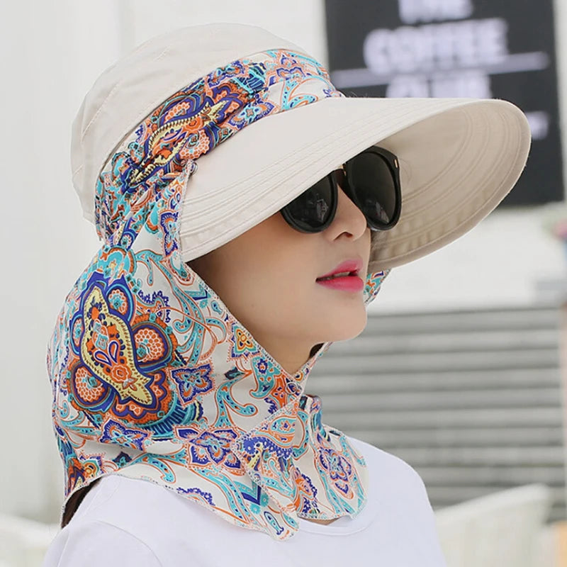 Fashion Women Summer Outdoor Riding Anti-Uv Sun Hat Plage Place pliable Suncreen Floral Print Caps Neck Face largeur