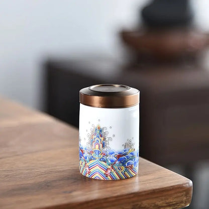 Modern Mini Ceramic Tea Jar Painted Waves Flower Storage Box Portable Sealed Porcelain Jar Coffee Food Container Home Decoration