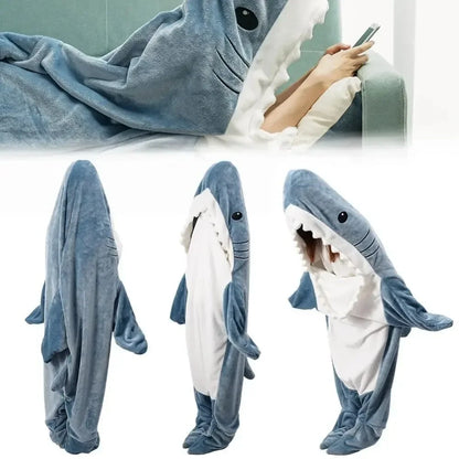Couverture de requin caricature adulte Sac de couchage pyjama à capuche flanelle chaude de vêtements de maison drôles cache-couche de couchage