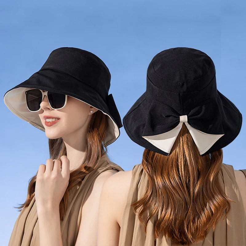 Women Summer Sun Protection Bucket Hat with Bow-tie Lady Elegant Sunscreen Beach Cap Outdoor Wide Brim Headgear Wholesale New in