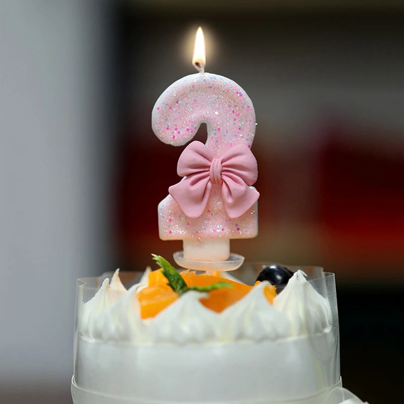 3D -s számú sütemény díszítő gyertyák csillogó rózsaszín íj digitális gyertyák torta topper születésnapi party emléknap party torta dekoráció