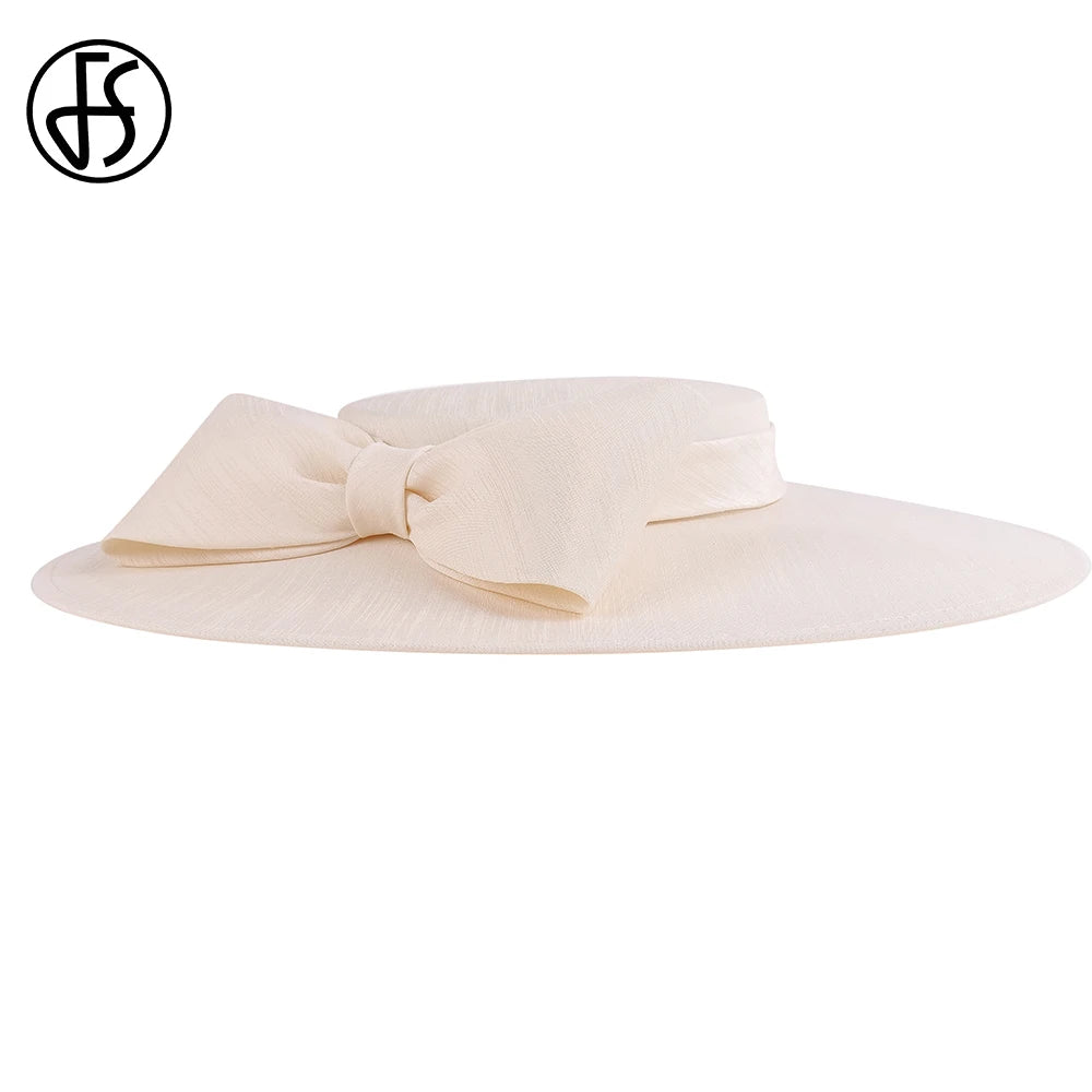 FS Elegant Wide Brim Ivory Hats for Women Big Bow Formell anledning Kentucky Cap Lady Wedding Cocktail Party Flat Top Fedoras 2024