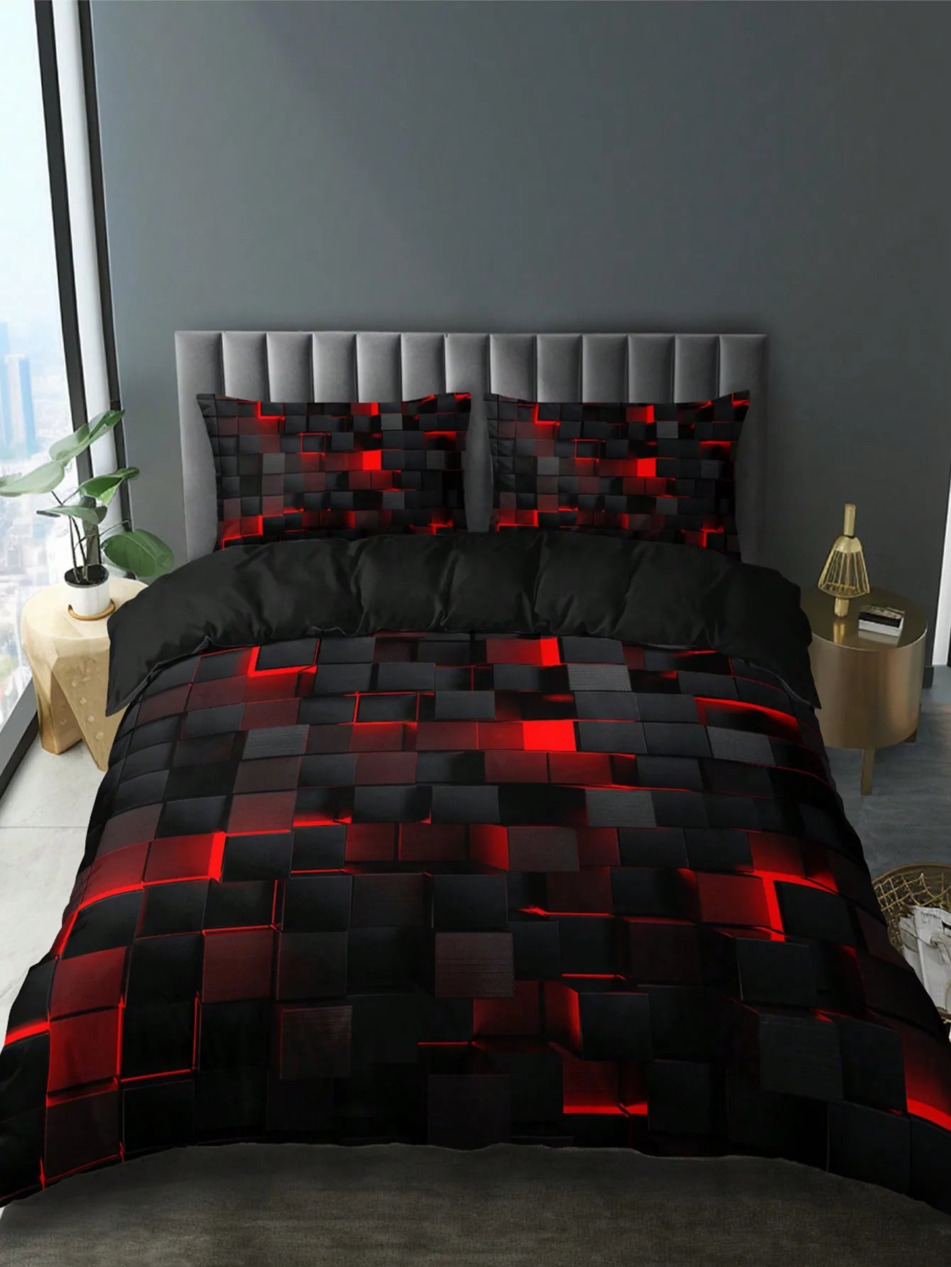 Teknologi stil rød gitter dyne cover sæt inklusive 1 dyne cover og 2 pillowcases egnede til hjemmet og sovesal brug