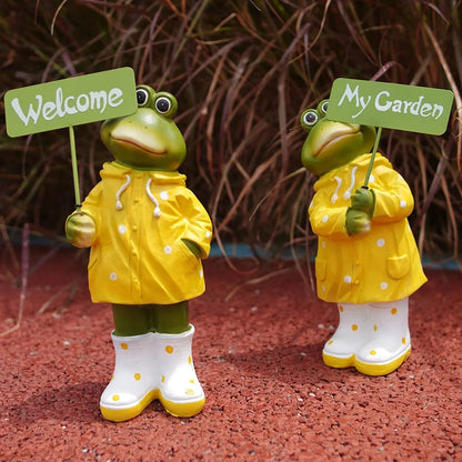 קישוט צפרדע זוג שרף עם שלט בברכה פסל גן חיצוני פסל מתנה משפחתית לחצר פטיו מדשאה