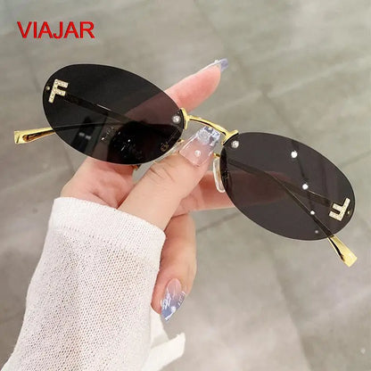 Rimless oval solbriller Kvinder 2024 Cat Eye Designer Brev Punk Sun Glasses Men Shades Driving Eyewear Glasses Female UV400