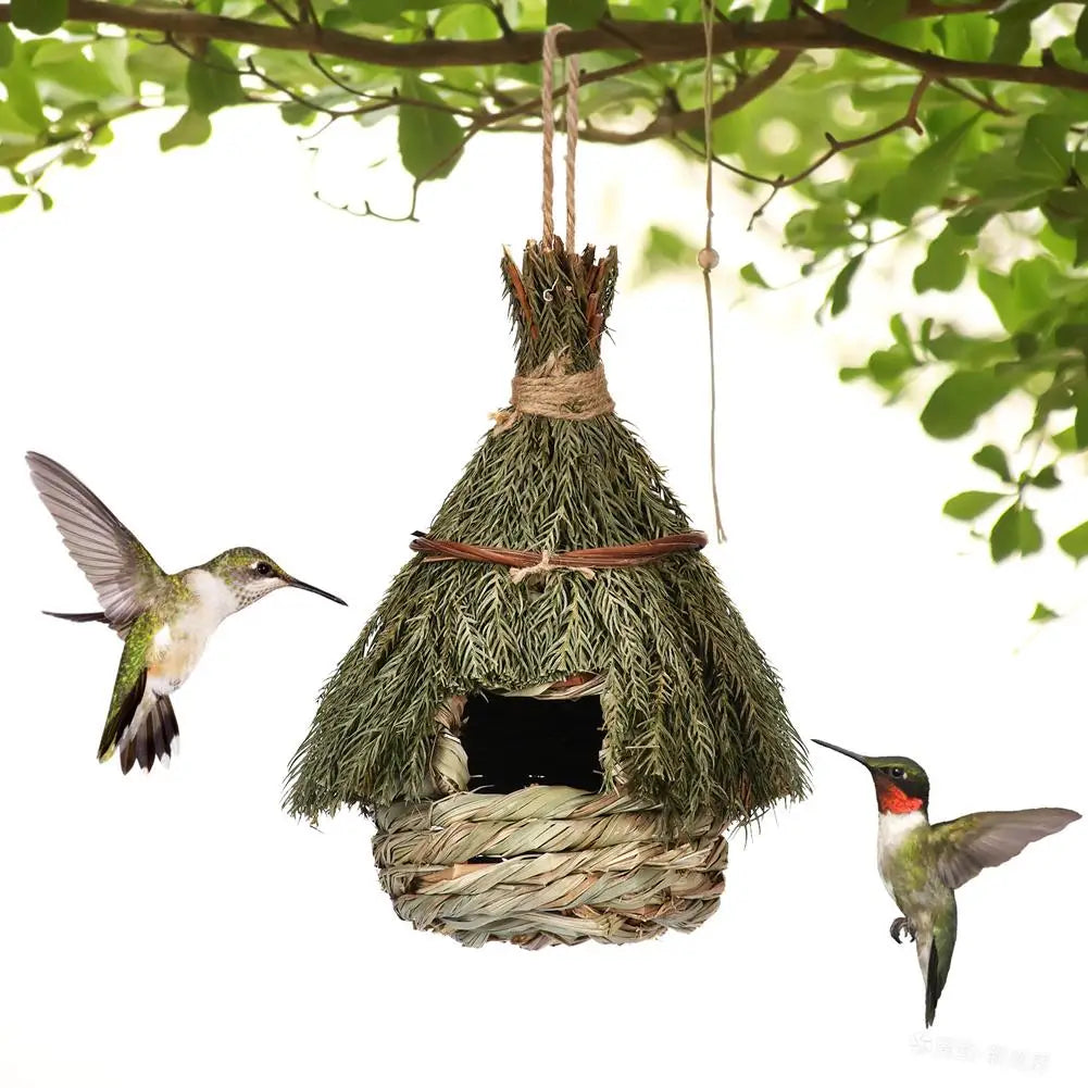 Casa de pájaros para nido de pájaros tejido a mano de hierba colgante, casa de colibrí, cabaña de pájaros al aire libre, casa de pájaros para decoración de la casa de campo