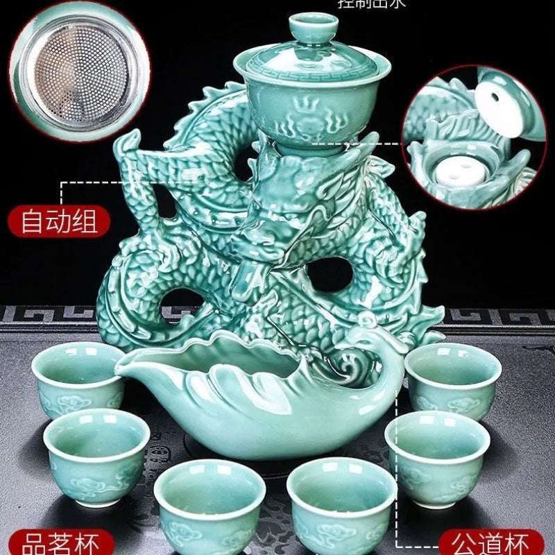 Lazy Tea Set Home Office Retro Dragon Semi Automatic Tea Pot Anti scalding Rotating Brewing Tea Set