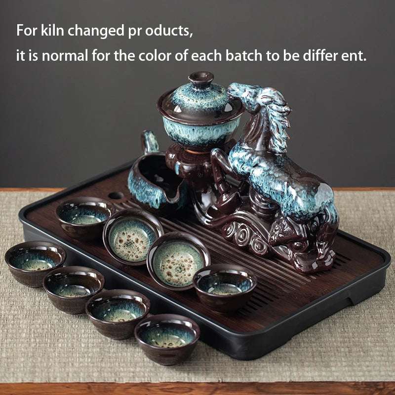 1 set of creative lazy tea set, semi-automatic horse teapot, magnetic rotating water guide tea set, Chinese Kung Fu tea set