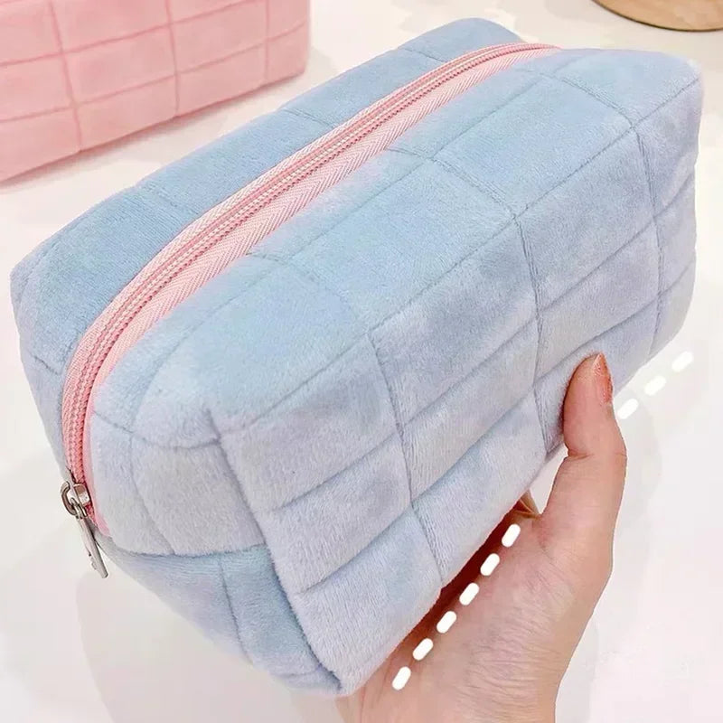 Linda cuadrícula cuadrada bolso de maquillaje de piel suave para mujeres portátiles de viaje cosmético lindo mini cremallera bolsa de tocador de lavado de la bolsa de lavado