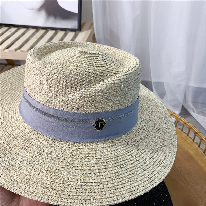 Czapki plażowe czapki dla kobiet mężczyzn Ochrona UV Moda Słomka Kapelusz Panama Hat Wide Brim Oddychane słoneczne czapki cekinowe dekoracja