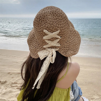 Chapéu de palha feminina Versão coreana da marca Tide tudo no verão japonês estilo fino chapéu de sol renda arco hollowd fora chapéu