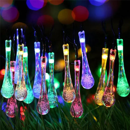 Gotas de água Luzes solares de corda 6m 30 LIDE a água de decoração ao ar livre Garland Fariy Lights Christmas Wedding Party Garden