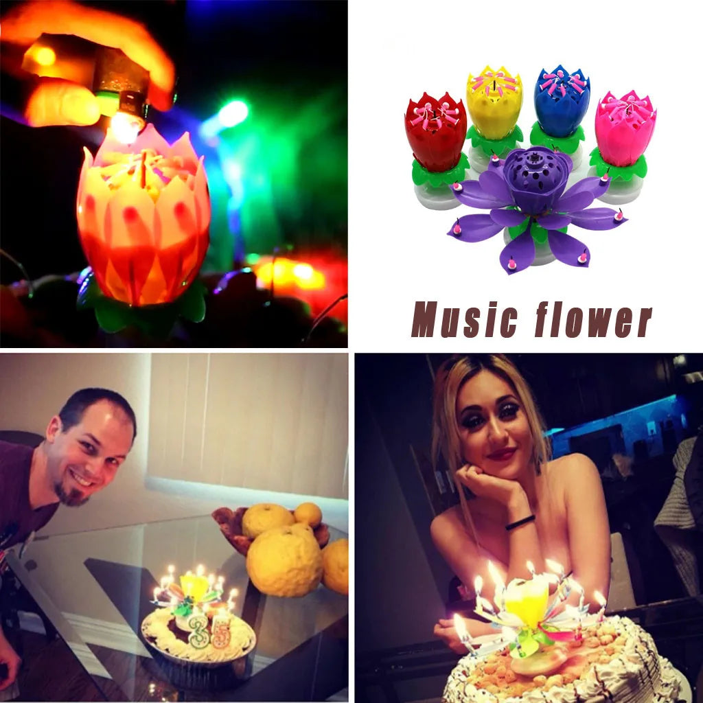 Narozeninový dort Music Candle Svatební párty Double Flower Blossoms Narozeninový dort plochý rotující elektronický festival dekor
