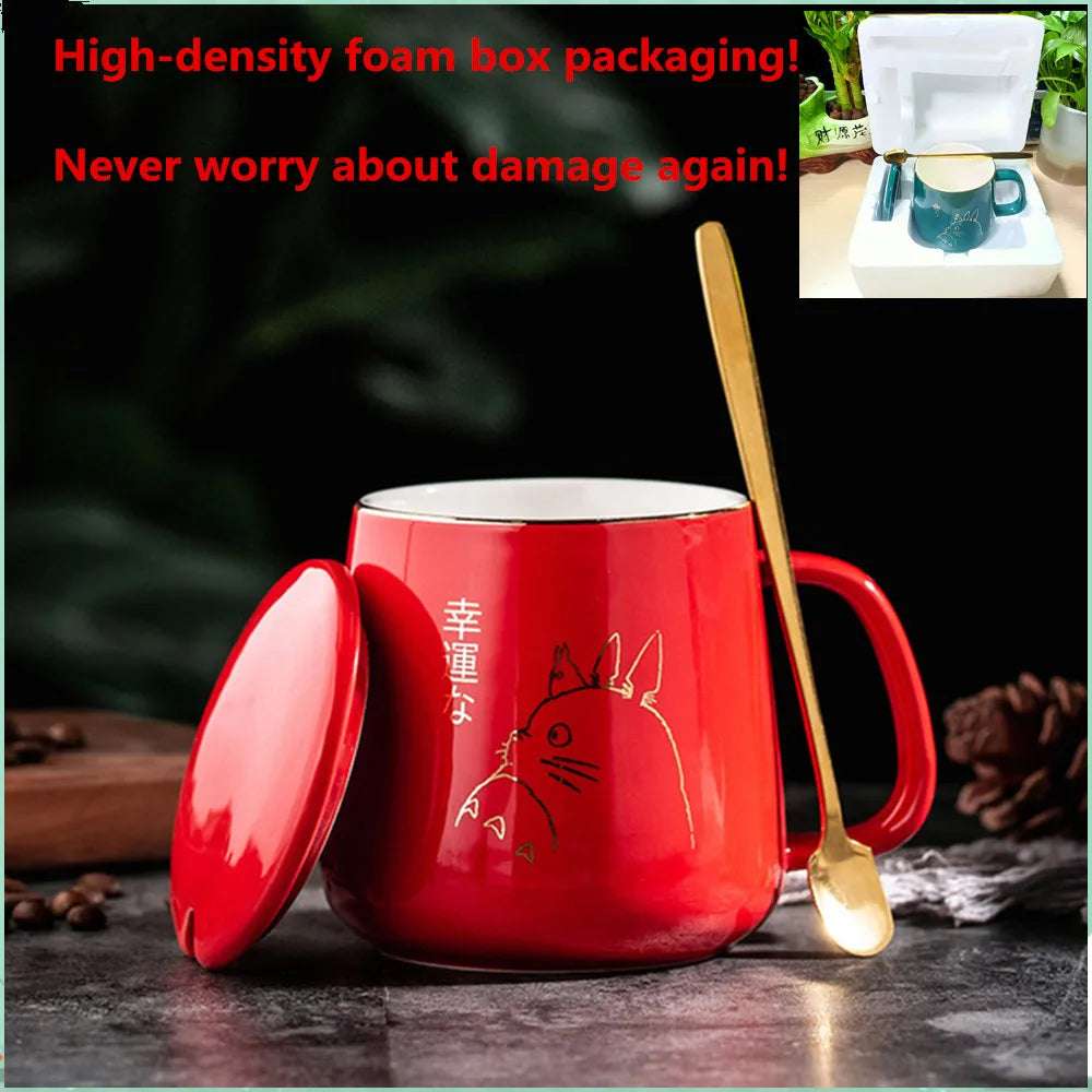 400ml New Product European Style Light Luxury Gold-painted Ceramic Coffee Mug with Lid Spoon Water Cup Cartoon Mug