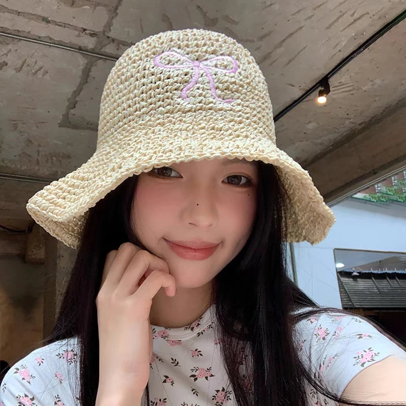 Női íj Kont szalma kalap japán y2k divat UV fényvédő tengerparti kalap szövés vödör kalap női nap sapka tengerparti kiegészítők