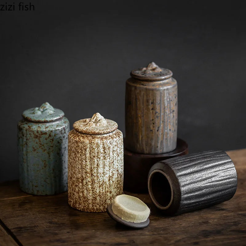Rough Pottery Antique Tea Jar Ceramic Tea Caddy Moisture-proof Sealed Jar Storage Tank Teas Container Food Organizers Candy Jars