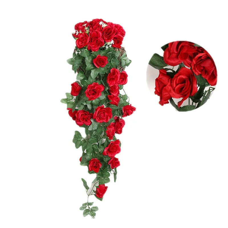 Künstliche hängende Blumen Gefälschte Rosen Weinstoffe Hängende Pflanzen Kunstblumen für Wandschlafzimmer Hochzeitsgarten Innen im Freien Dekoration