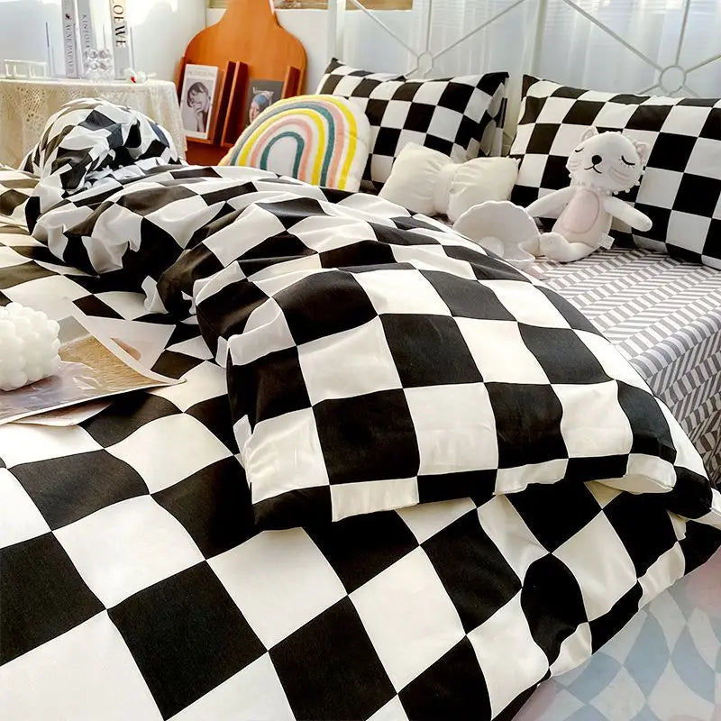 Checkerboard Bedding Set ingen dyne quilt dyneovertræk pudebetræk fladt ark Enkelt queen size polyester sengetøj