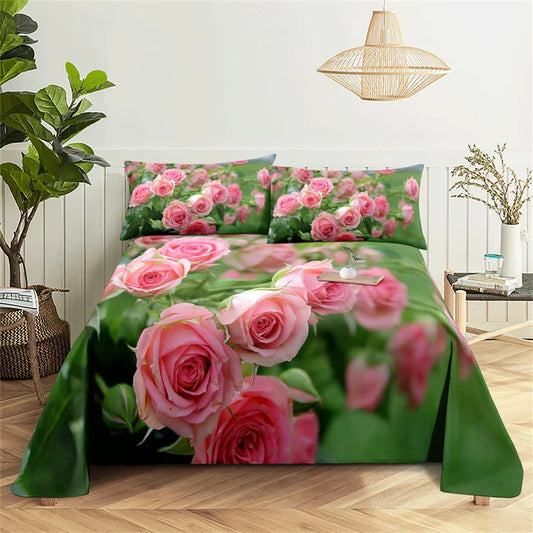 مجموعة ملاءات الملكة الوردية الوردية للفتيات، مجموعة مفروشات غرفة العشاق، ملاءات السرير وأغطية الوسائد، مجموعة ملاءات السرير المسطحة