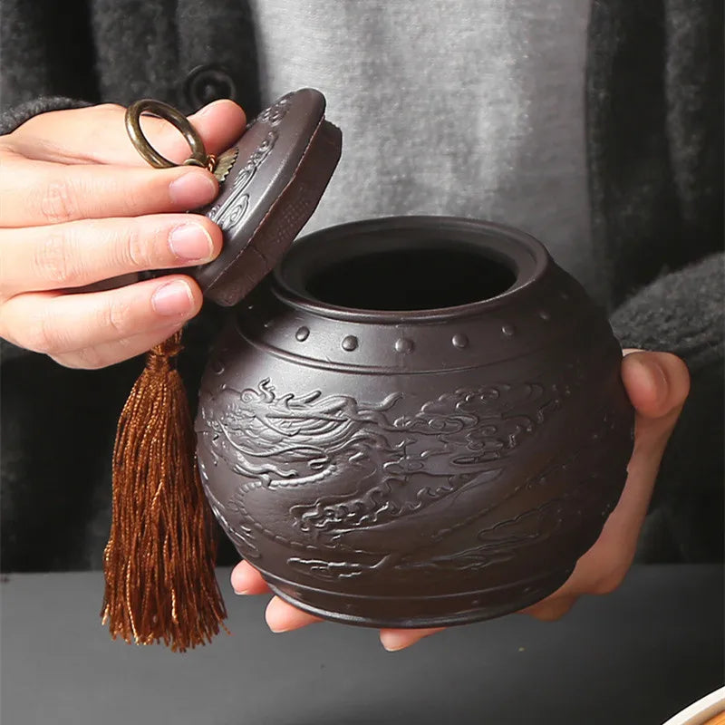 Vintage Purple Clay Tea Caddy Large Round Ceramic Storage Tank Sealed Pu'er Tea Box Dragon Series Tea Container Jars With Tassel