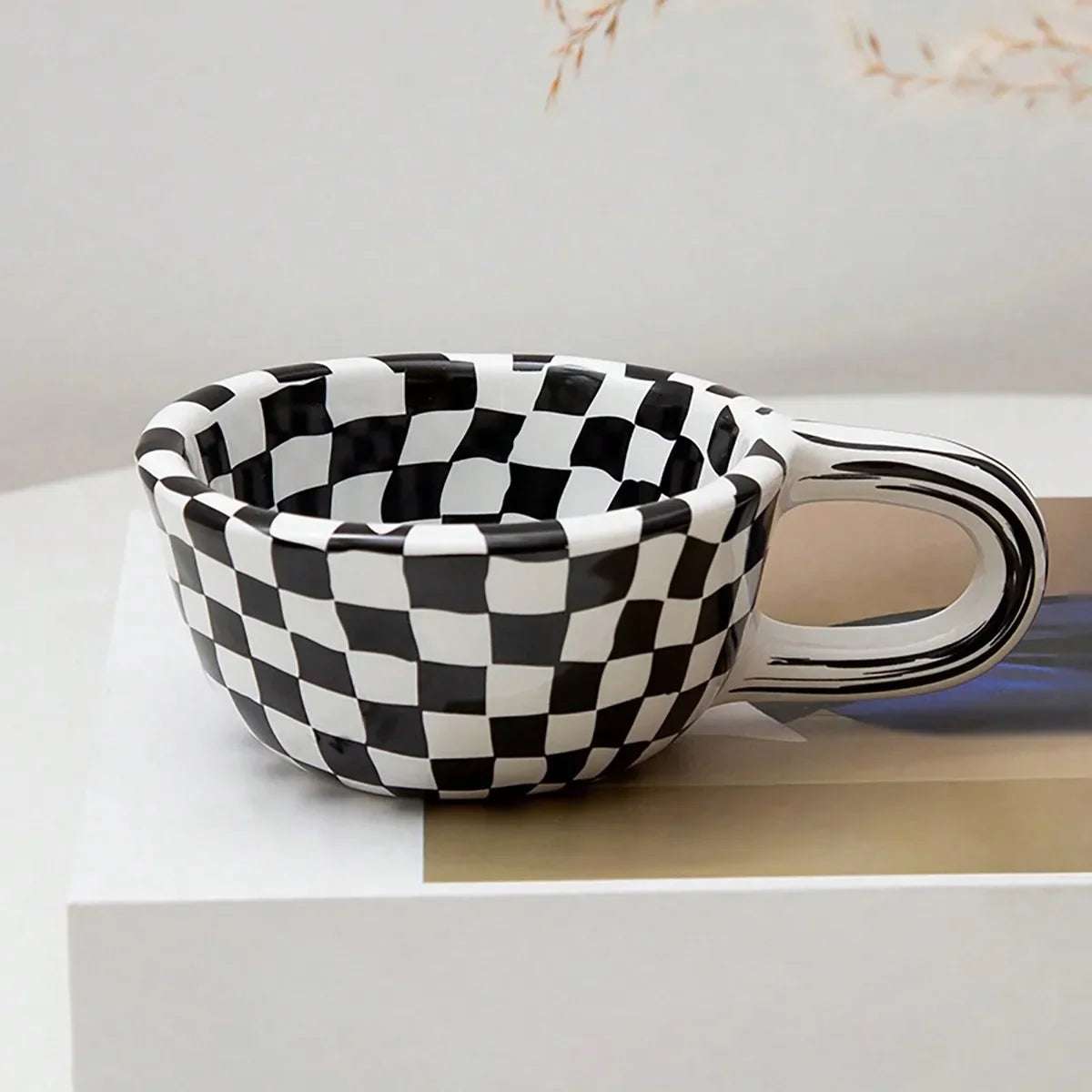 1pc Creative ceramic checkered pattern tea cup, irregular chessboard coffee cup
