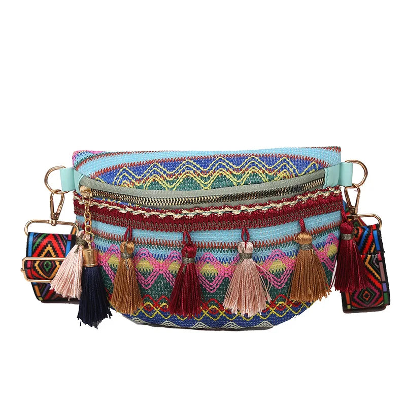 The New Bohemian Ethnic Style Wide Strap Braided All-in-one Tassel Bucket Slant Shoulder Bag for Women