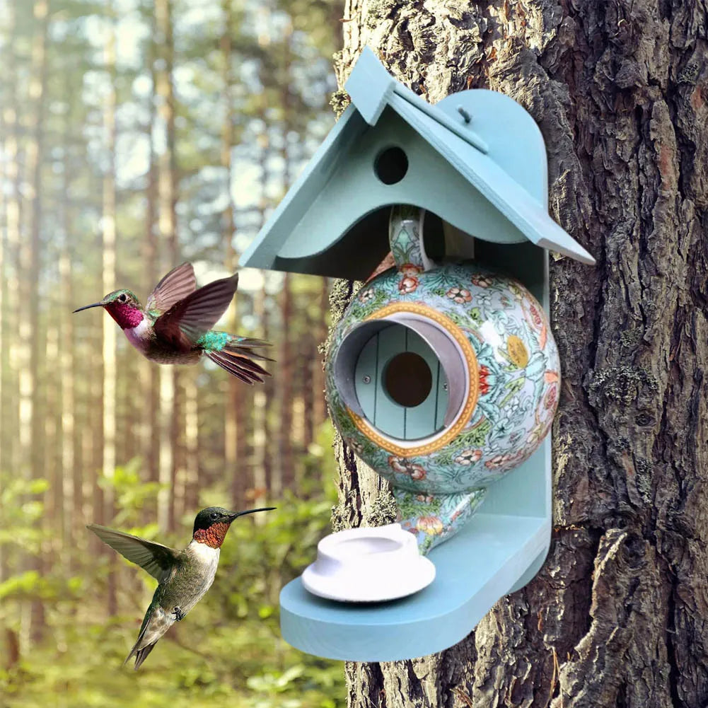 Kolibřík domy domy pták na krmítko Dekorace Teapot Birdhouse pro vnější zahradní řemesla Dekorativní klece House Ptáci pro venkovní