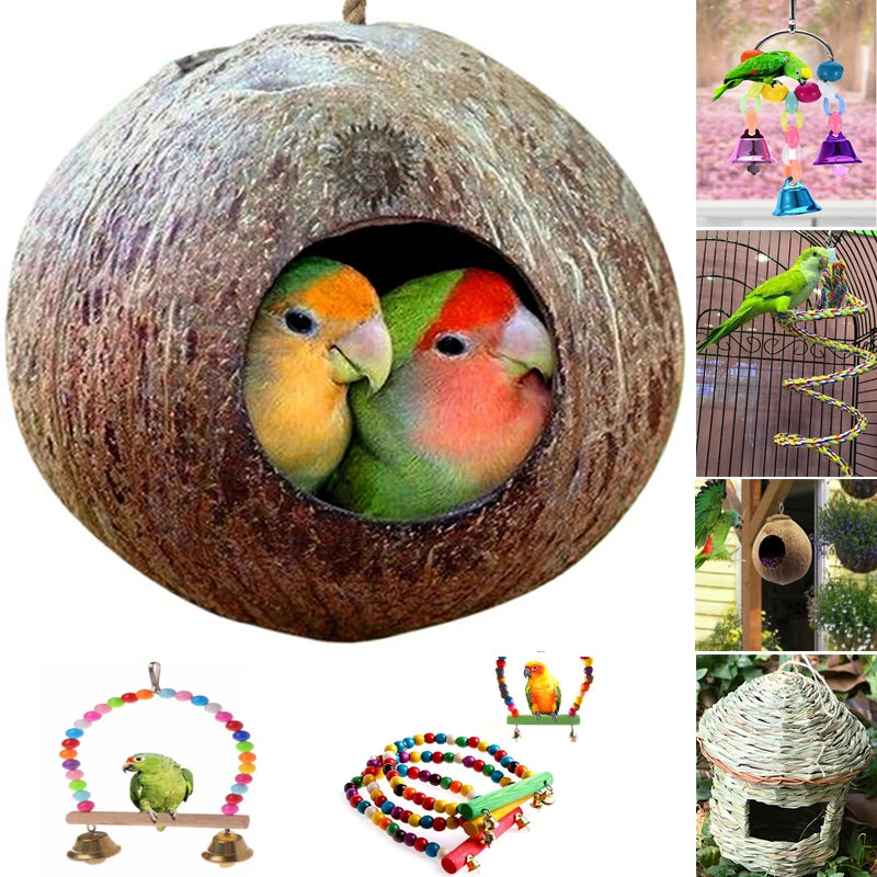 Gabbia per nidificazione del pappagallo di guscio di cocco naturale con cordino per piccoli parrocchetti per animali domestici