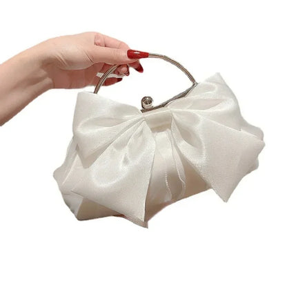 Biele saténové luky večerné tašky spojky kovové rukoväť kabelky pre ženy svadobné spoločenstvo Svadobné spojky kabelky v taške na rameno