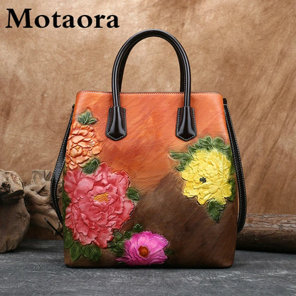 Motaora nye vintage kvinder spand skulderposer 2024 håndlavet præget pu læder håndtaske retro stor kapacitet crossbody tote taske