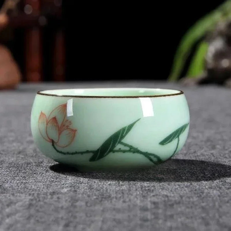 Traditional Celadon Hand-painted Landscape Teacup Ceramic Lotus Bamboo Carp Tea Set Double-fish Chinese Tea Master Cup 80ml