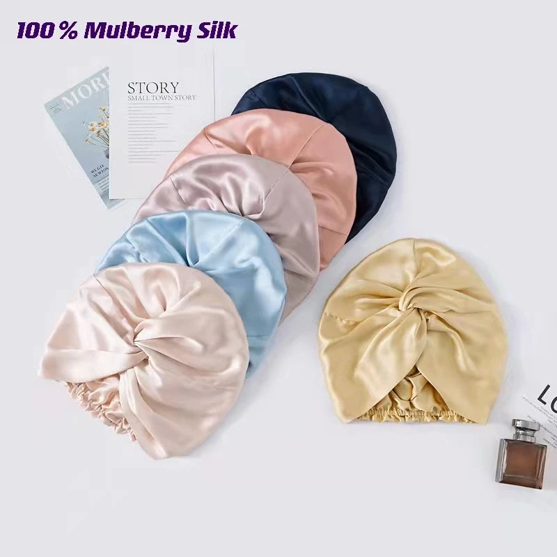 100 Mulberry hodvábne turbanové kapoty pre ženy skrútená spánková nočná čiapka 19 mamičky Pure Silk Wrap Cap pre kučeravé dámske hlavy