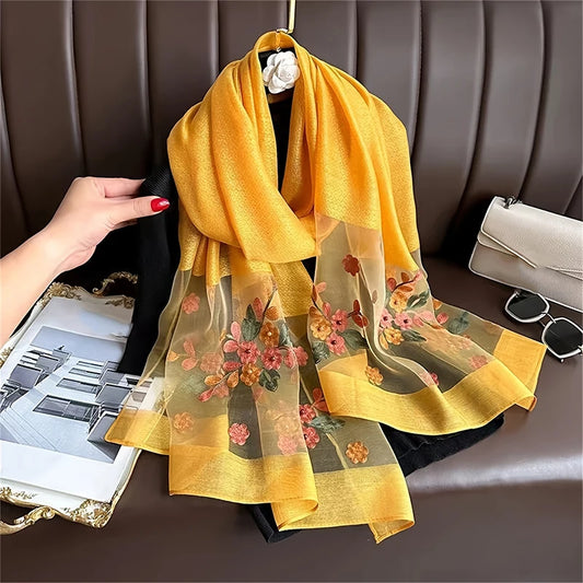 Ženy Silk Wool Scarf květinové vyšívání hidžáb žena faulard jaro léto tenké pašmínské šály zábaly bufanda šátek