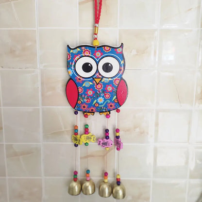Painted Wooden Wind Chime National Style Peacock And Owl Animal Outdoor Wind Spinner With Bells Home Garden Decoration Ornaments