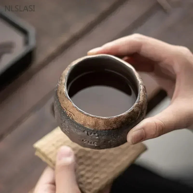120ml Rough Pottery Handmade Relief Heart Sutra Zen Cup Ceramic Master Individual Single Cup Chinese Portable Tea Cup 1pcs