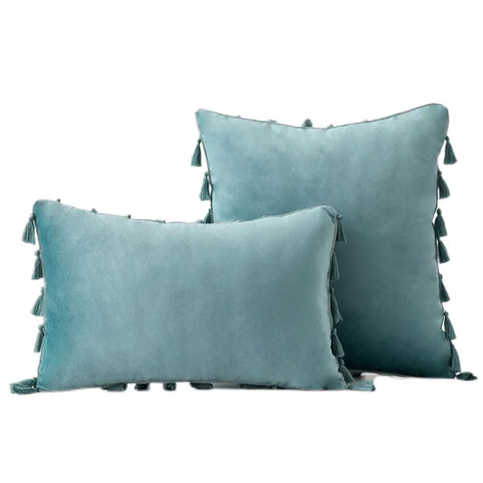 Inyahome vesi sininen sametti pehmeä kiinteä koristeellinen heitto tyynykansi tupsuilla fringe boho tyynykotelo sohvalle vuodeksi