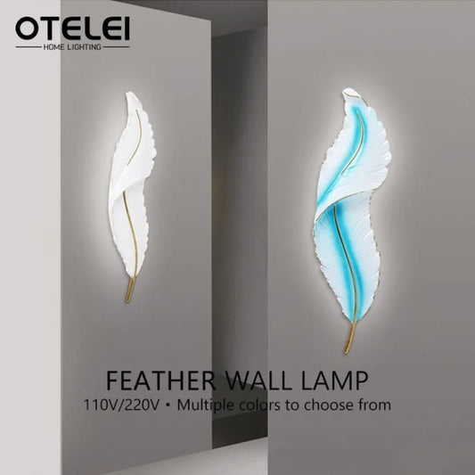 Nordic LED Feather Wall Lamp Creative Bedroom Bedside Living Room Background Home Light Resin Aisle Staircase Decor Wall Lamp