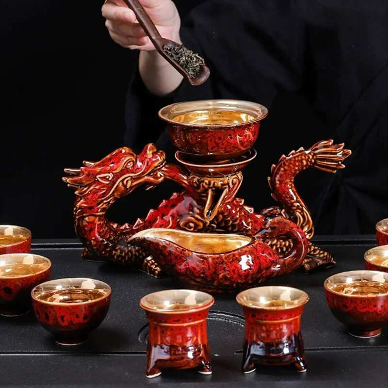 High-End Kung Fu Travel Teapot and Tea Cup Set, Automatic Tea Set, Chinese Dragon, Bone China, Holiday Gift