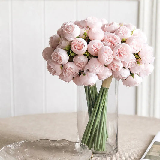 Rose rosa peony flores artificiales ramo de seda 27 cabezas rosas flor falsas para jarrón de mesa organizar flores de decoración de bodas en el hogar