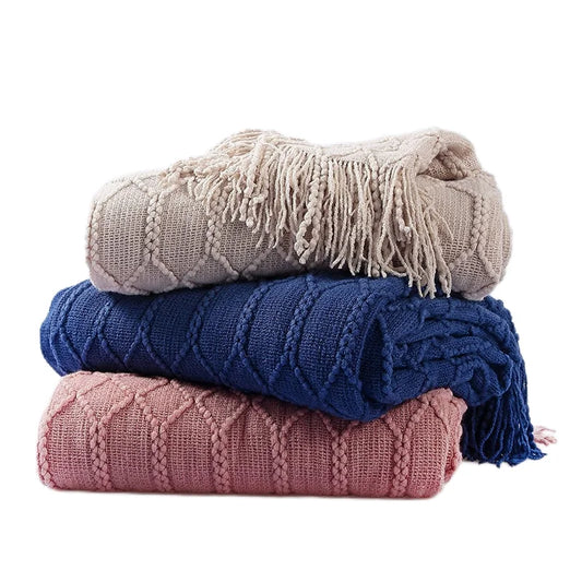 Tricot acrilic țesut țesut pătură ușoară, decorativă, moale de somn, cu ciucuri pentru scaun canapea canapea de călătorie pături de picnic