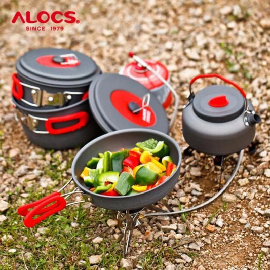 כלי בישול קמפינג של Alocs מוגדרים עם סיר קיפול, קומקום מים, מחבת, לתרמילאים, פיקניקים וטיולים
