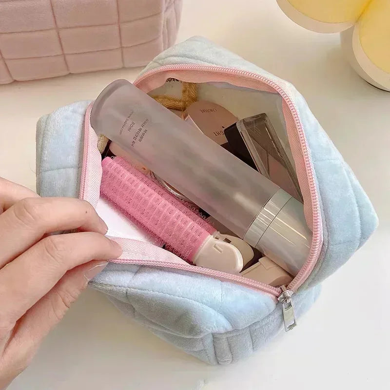 Linda cuadrícula cuadrada bolso de maquillaje de piel suave para mujeres portátiles de viaje cosmético lindo mini cremallera bolsa de tocador de lavado de la bolsa de lavado