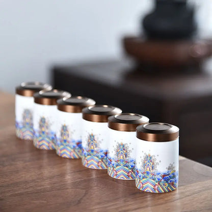 Modern Mini Ceramic Tea Jar Painted Waves Flower Storage Box Portable Sealed Porcelain Jar Coffee Food Container Home Decoration