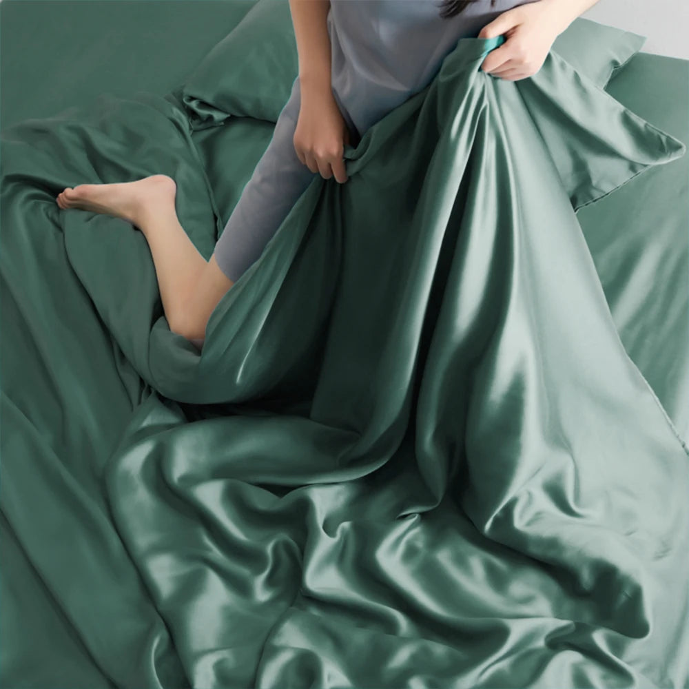 Lanlika Luxus rein 100% Seiden Bettwäsche Set Green Flat Sheet Kissenbezug Doppelkönig Quilt Deckbett Set Set Set Sattelblatt