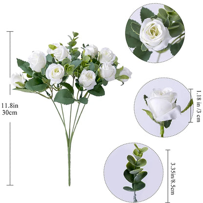 10 Köpfe künstliche Blume Seide Rosenweiß weiße Eukalyptus Blätter Pfingstroutze gefälschte Blume für Hochzeit Tisch Party Vase Home Decor